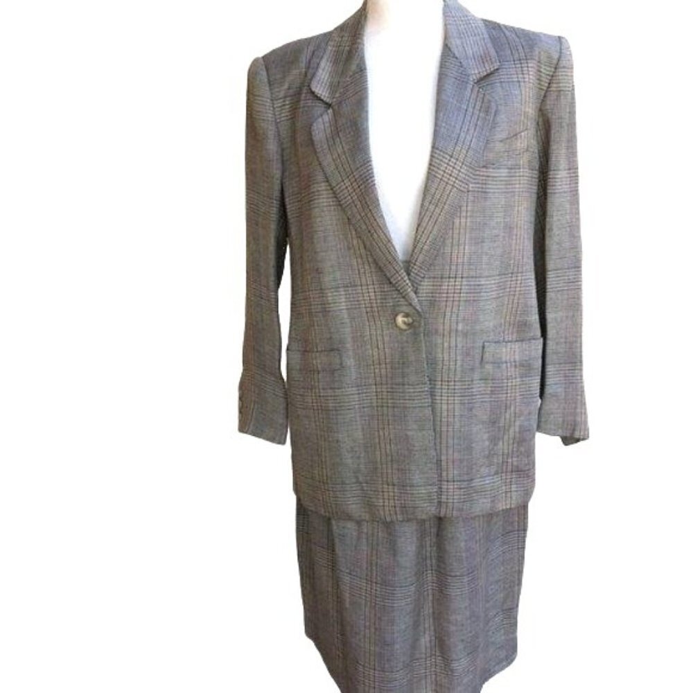 Liz Claiborne Skirt Suit Womens Vintage Gray Single Button Plaid Linen Blend